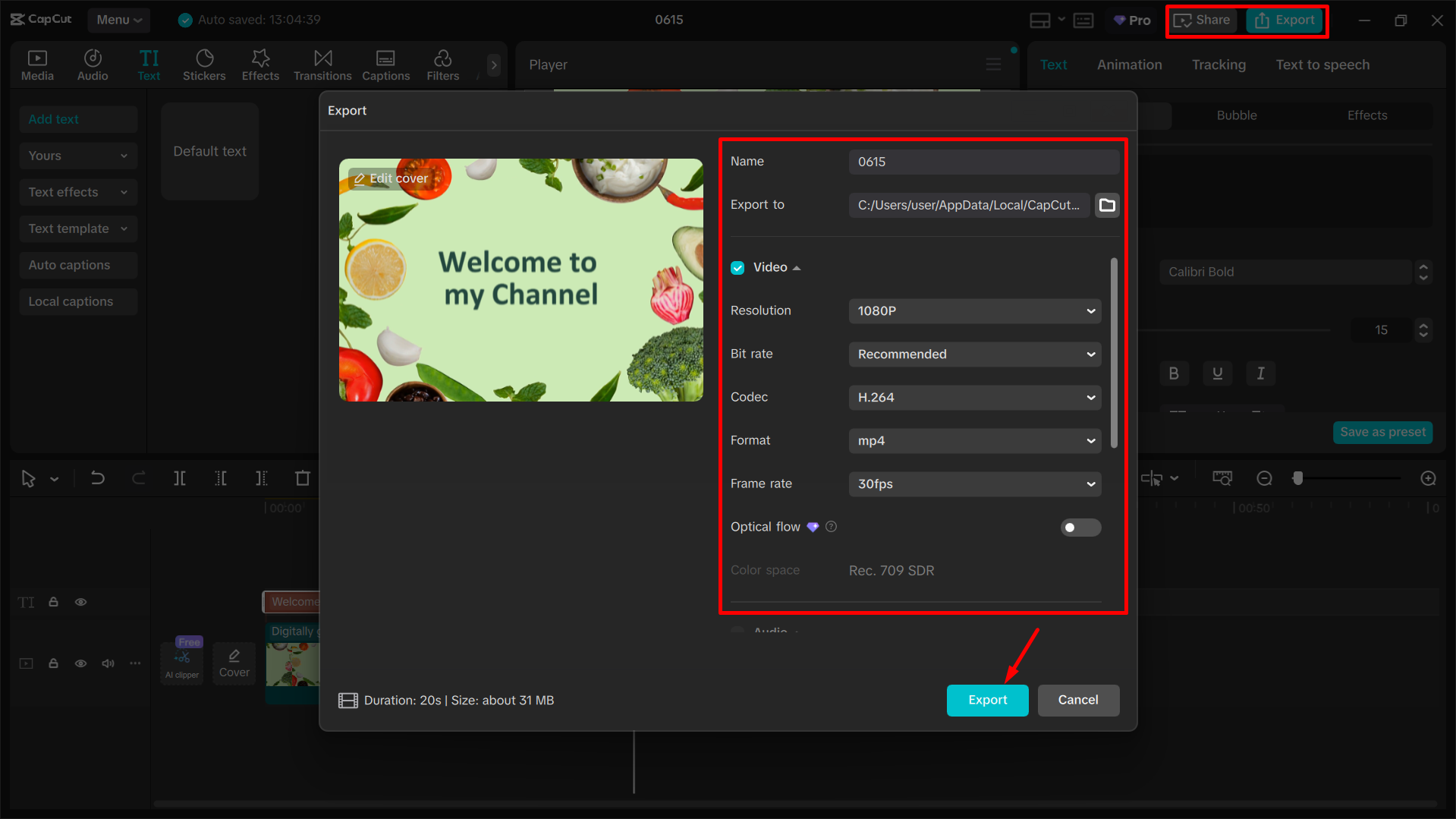 Exportando o vídeo final do editor de vídeo para desktop CapCut