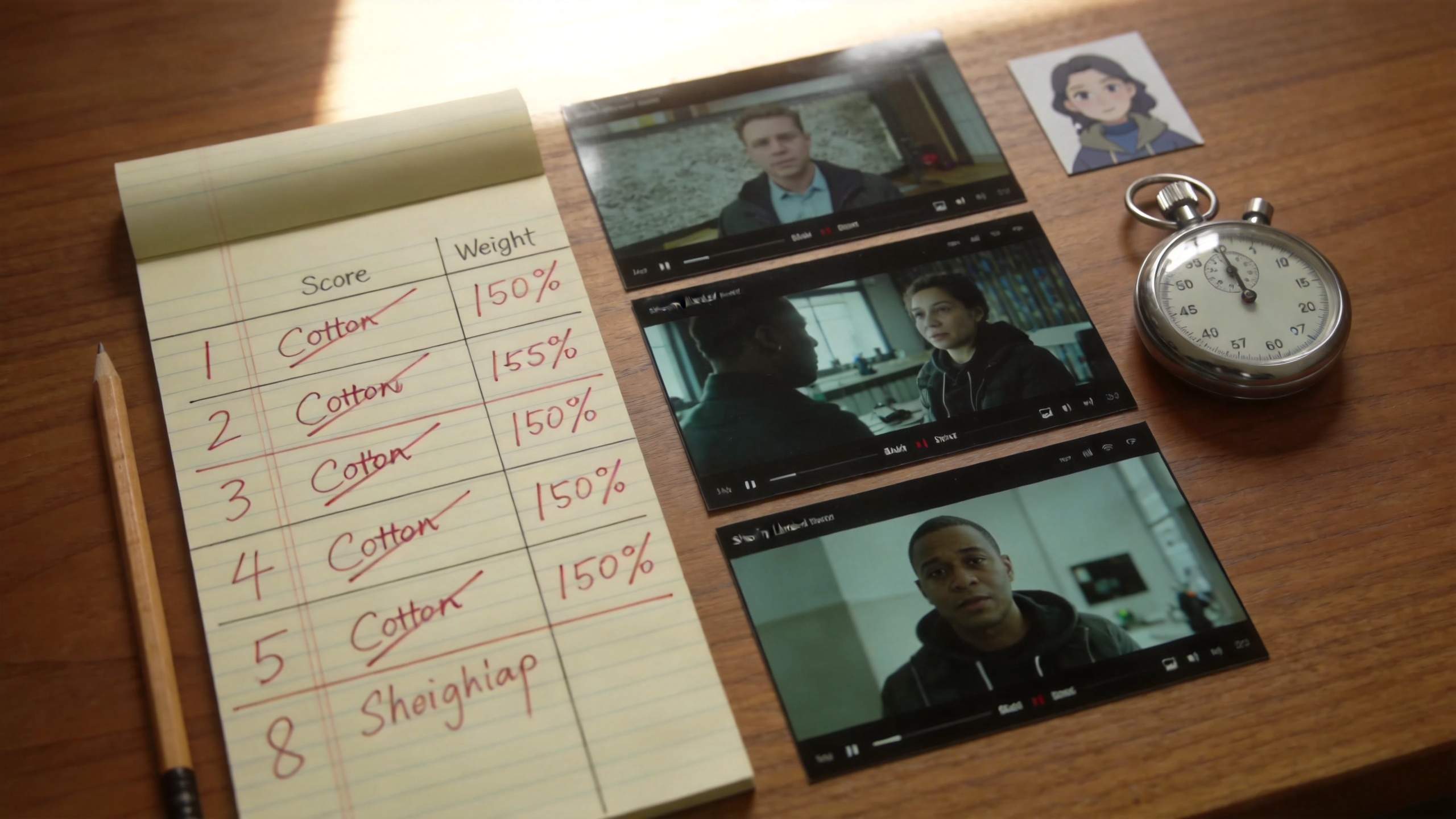 Notebook with a score-and-weight list beside three film scene frames and a stopwatch