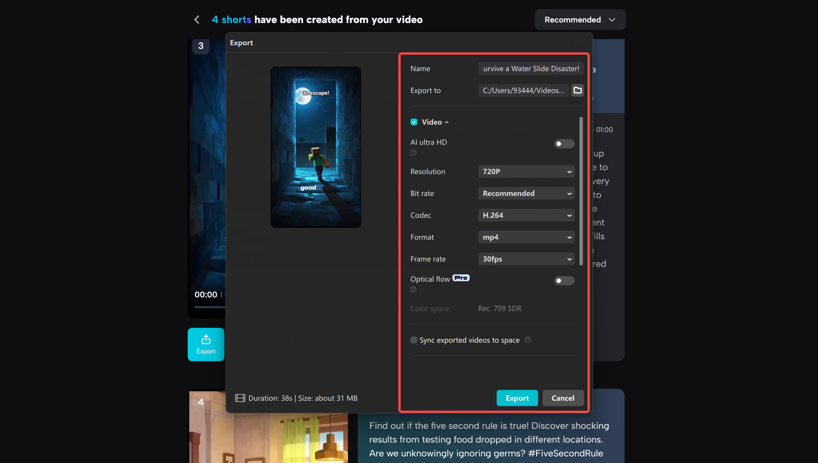 Exporting video from CapCut's long video to shorts tool