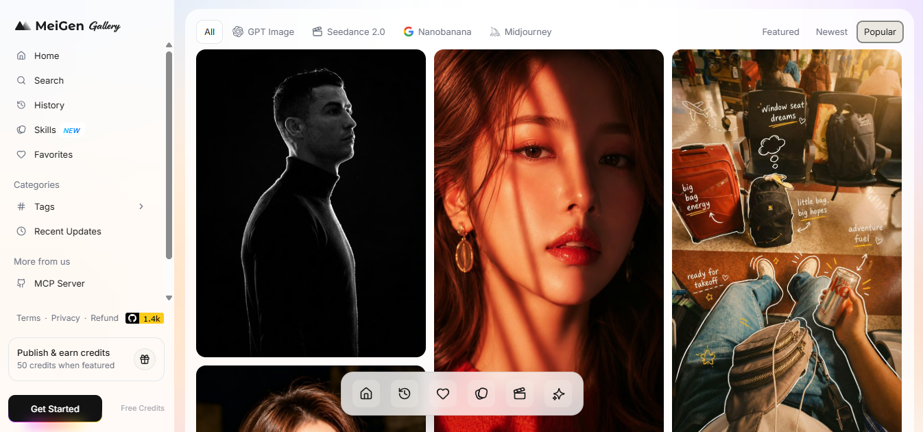 MeiGen gallery on the Popular tab showing portrait and travel collage examples