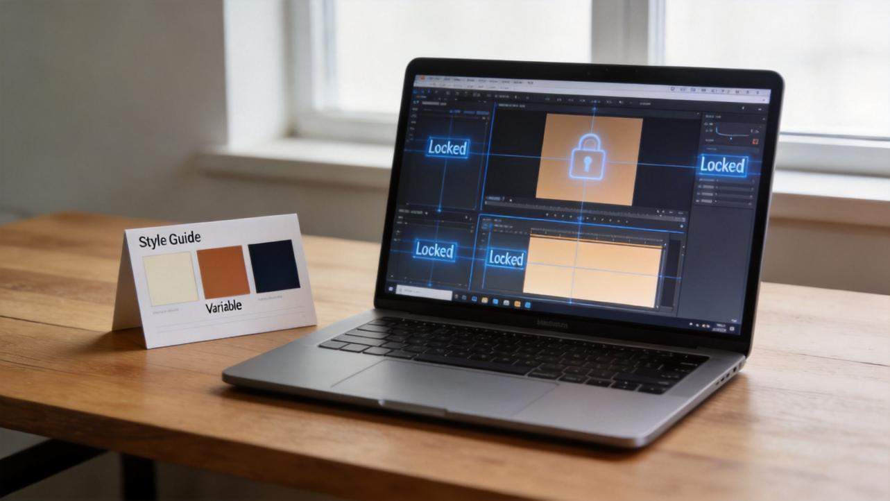 Laptop with design software open beside a style guide card on a wooden desk
