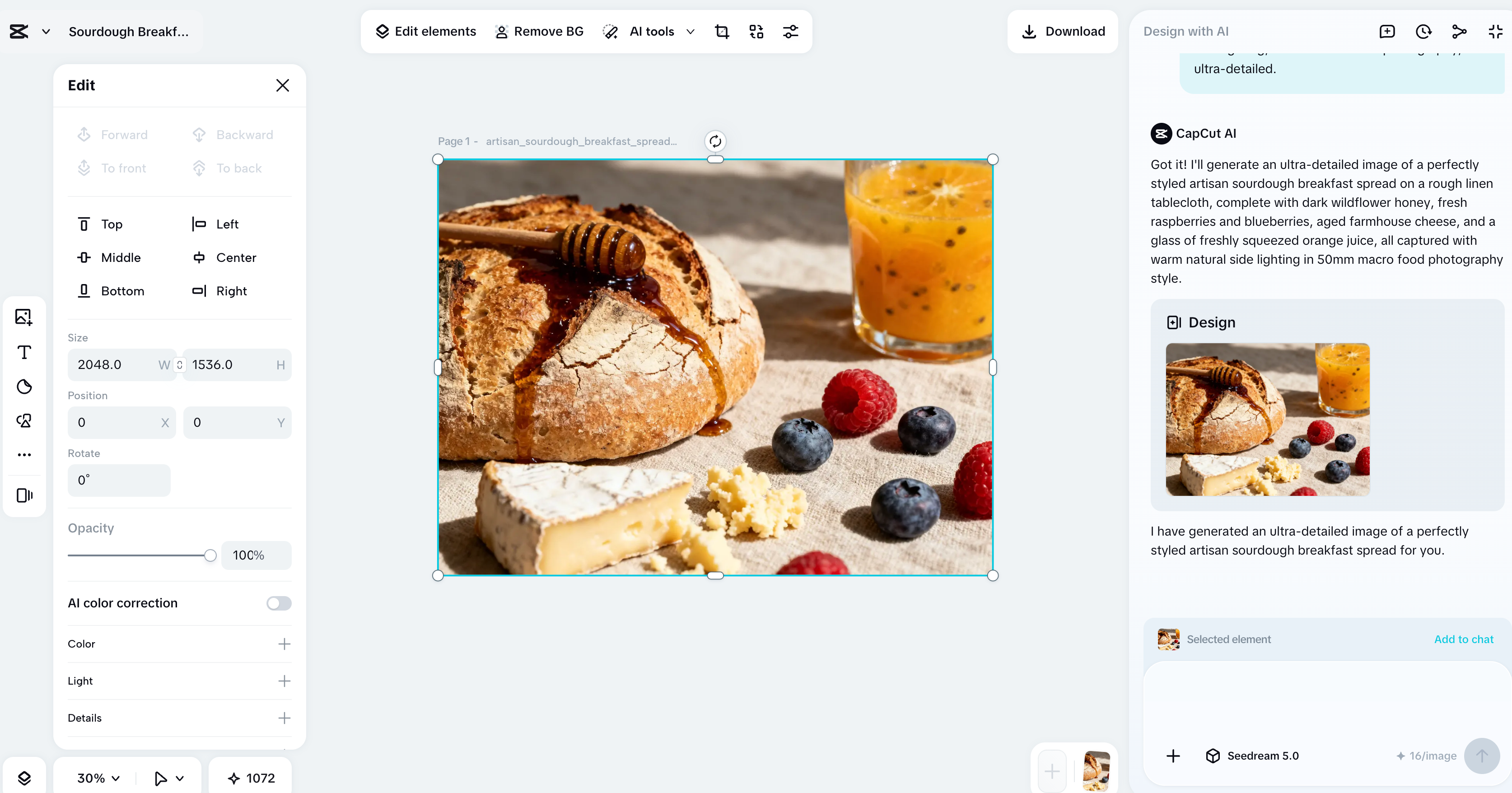 Example output — Prompt 01 in Seedream 5.0 (CapCut AI Design)