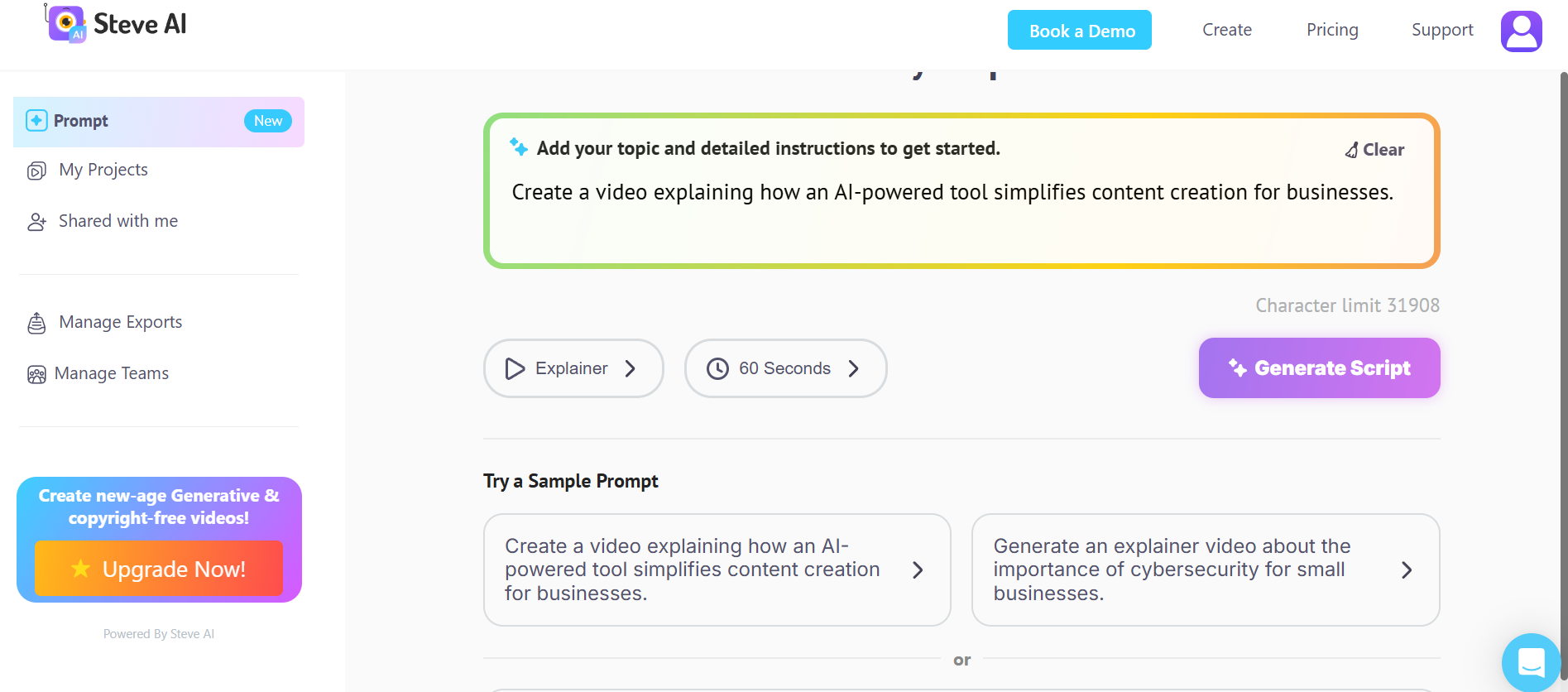Steve AI's video generator interface