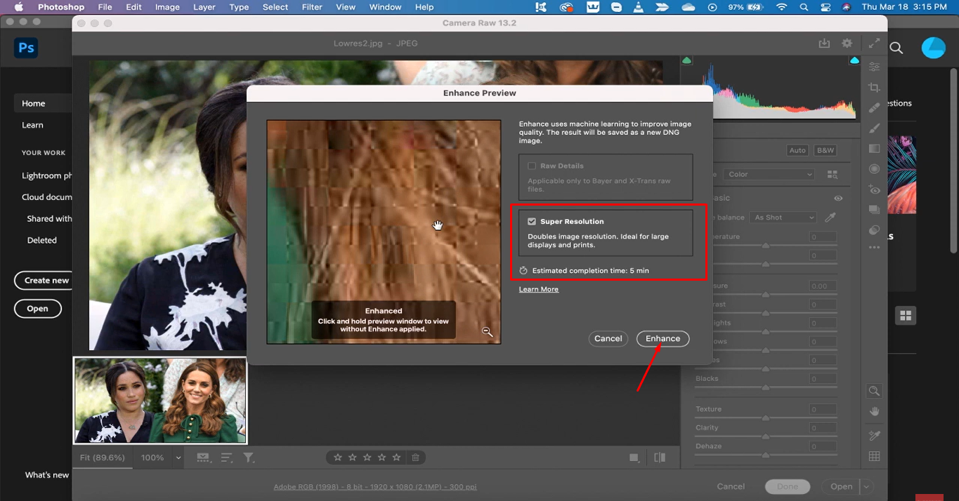 Apply Super Resolution to increase resolution in Photoshop