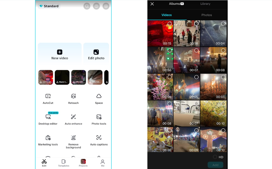 New project creation screen inside the capcut mobile app