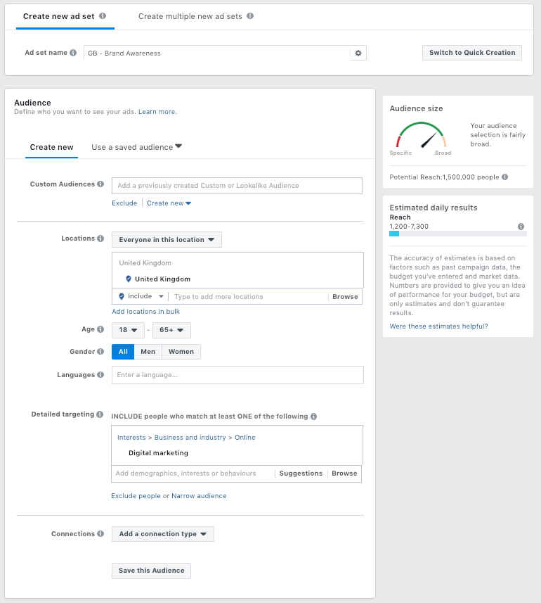 Create a custom audience for an ad