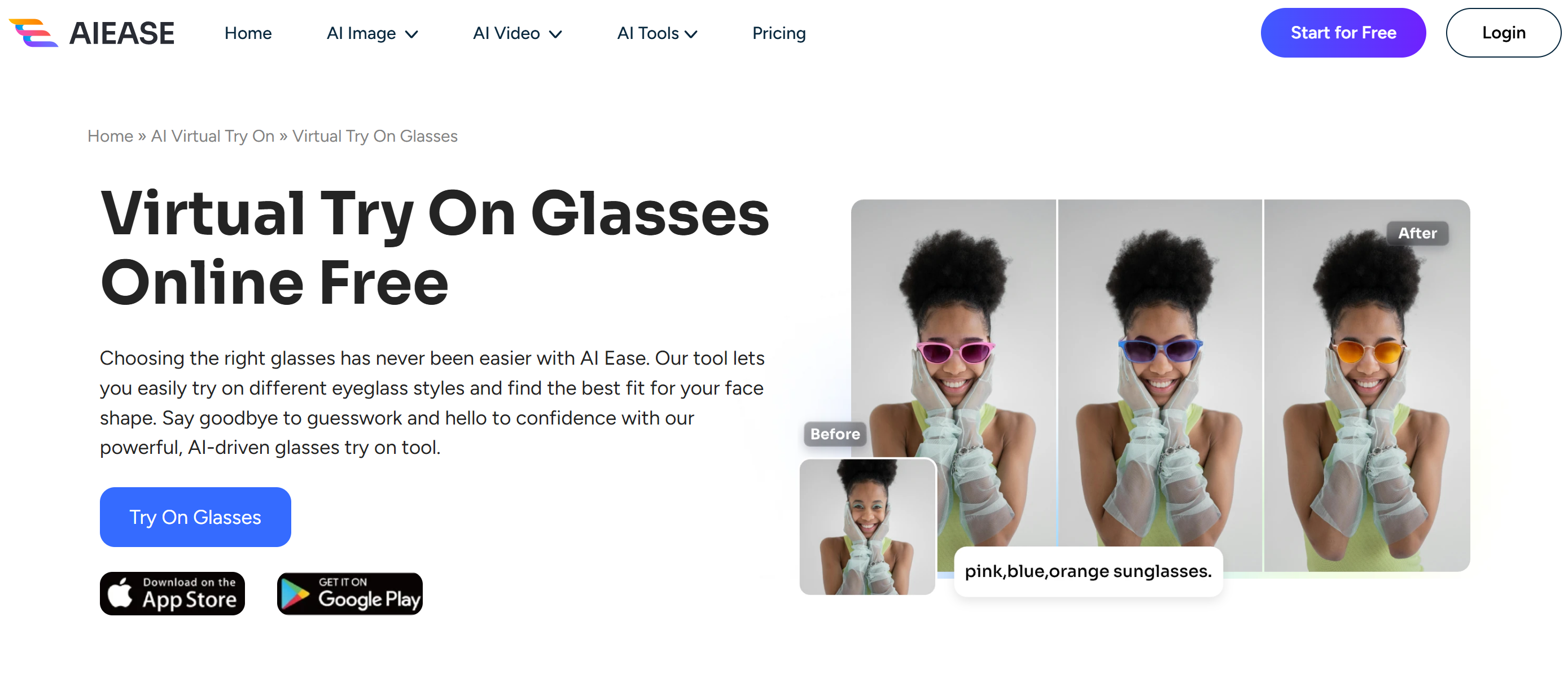 Interface of AI Ease - an efficient tool for AI glasses try-on