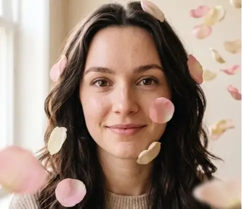 Woman with dark hair in a beige sweater, surrounded by floating pink and white petals