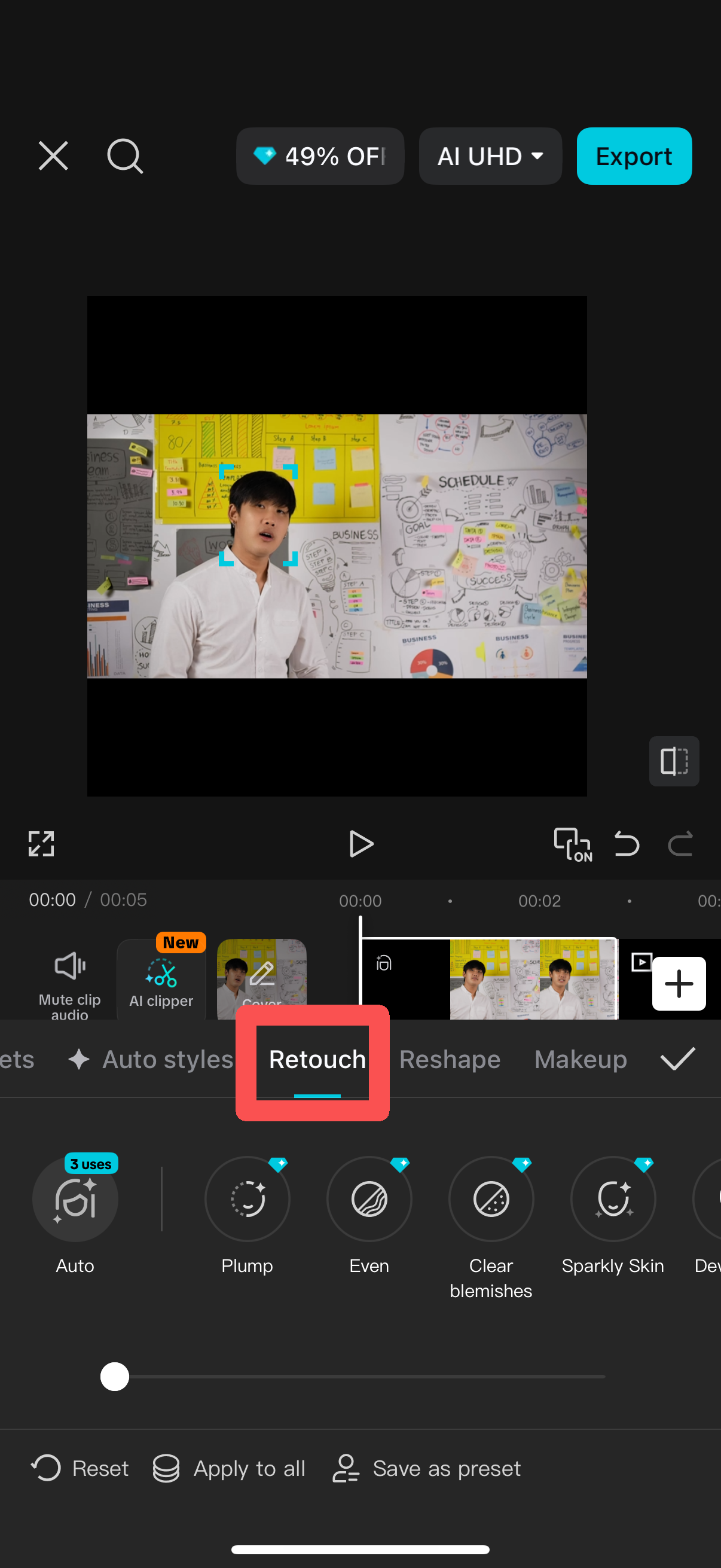 Using face retouch tool in CapCut mobile app