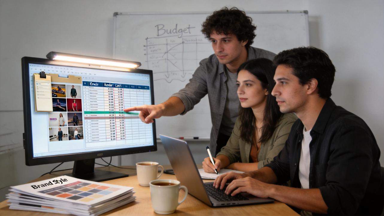 Team reviewing AI image generation costs on a monitor beside a budget spreadsheet
