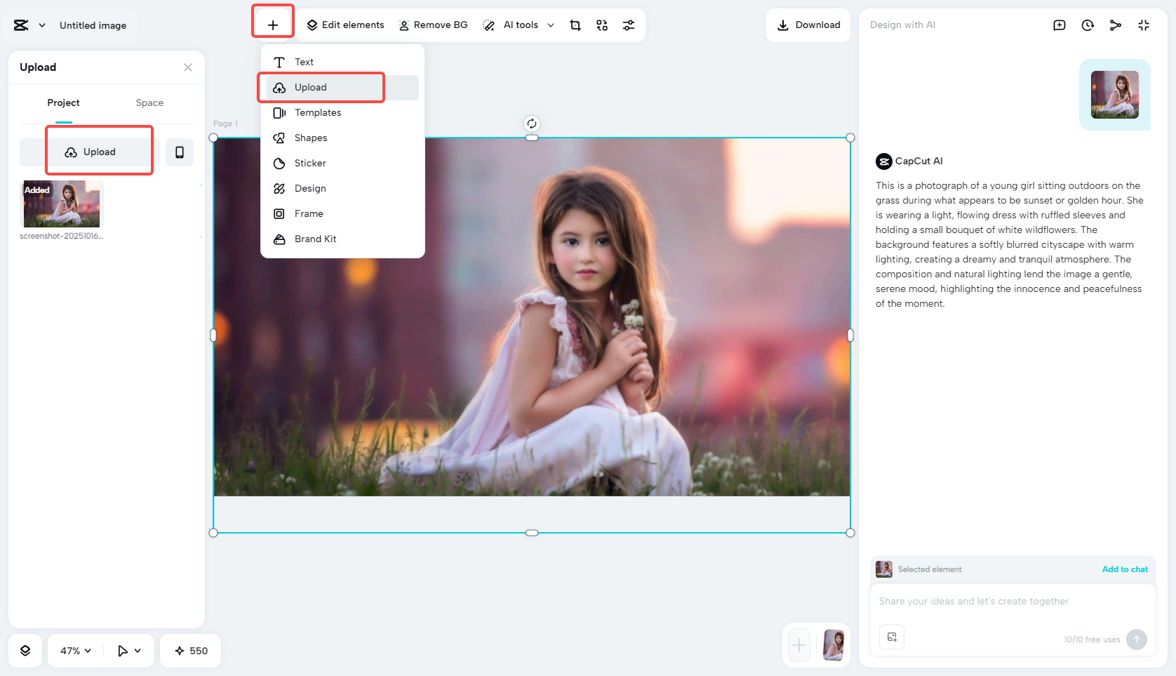 Uploading the image to CapCut