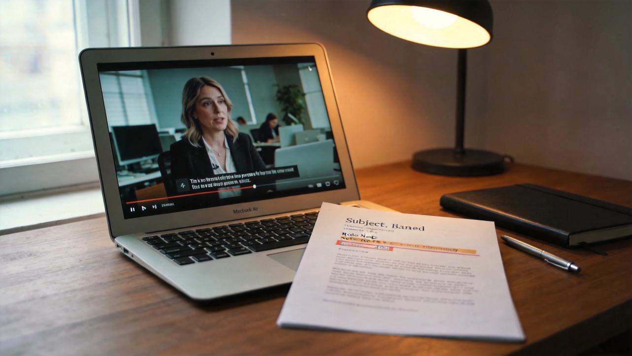 Laptop on a desk plays a woman speaking, with a document, pen, notebook, and desk lamp nearby.