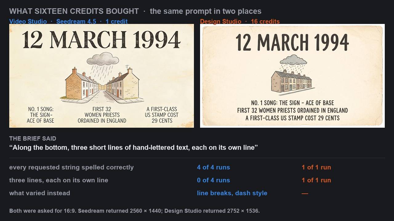 The one-credit poster beside the sixteen-credit poster, with a table comparing spelling accuracy and layout obedience across four runs and one run.
