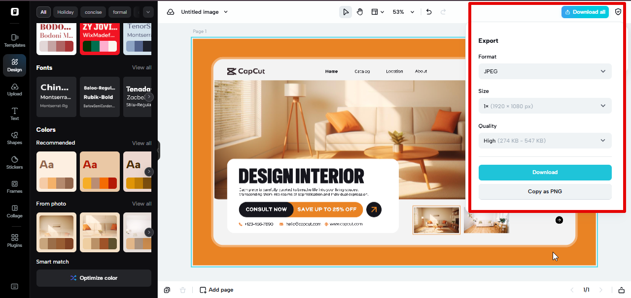 Exporting website interface design idea from Pippit