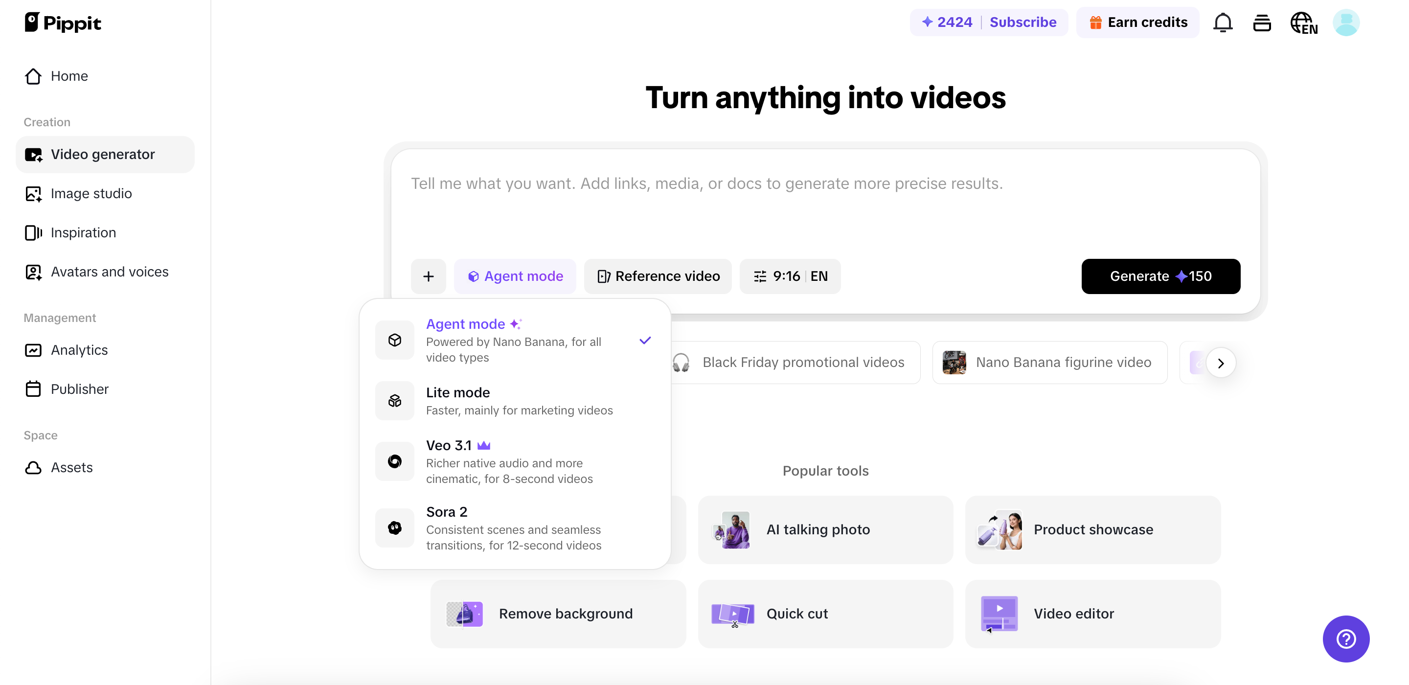 Gerador de vídeos no Pippit