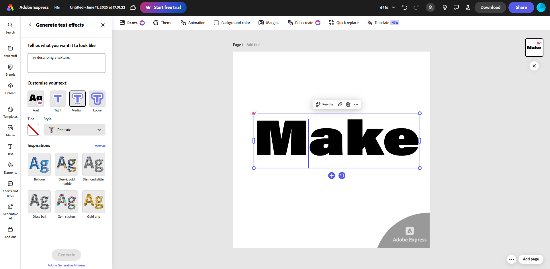 Interface d'Adobe Express - un générateur de texte IA convivial