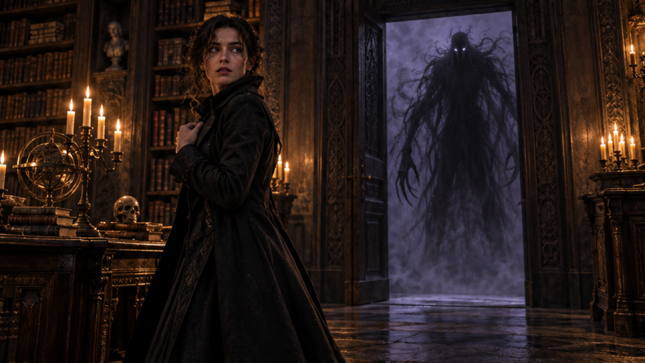 An adult woman in a dark coat beside an open doorway, tall shadow monster framed in the doorway, candlelit gothic library