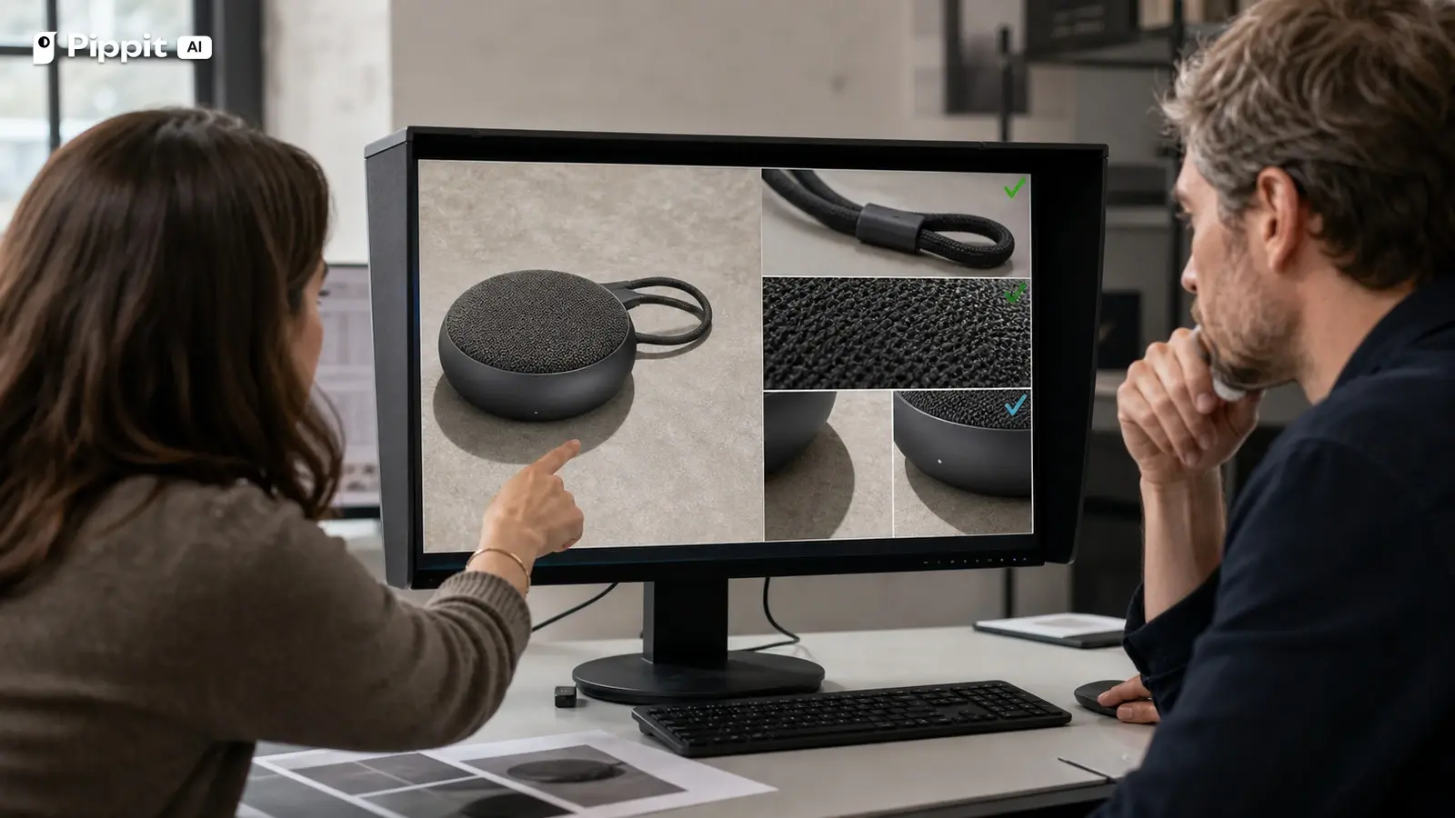 A product team checks a speaker edge, grille, carrying loop, reflection, and contact shadow.