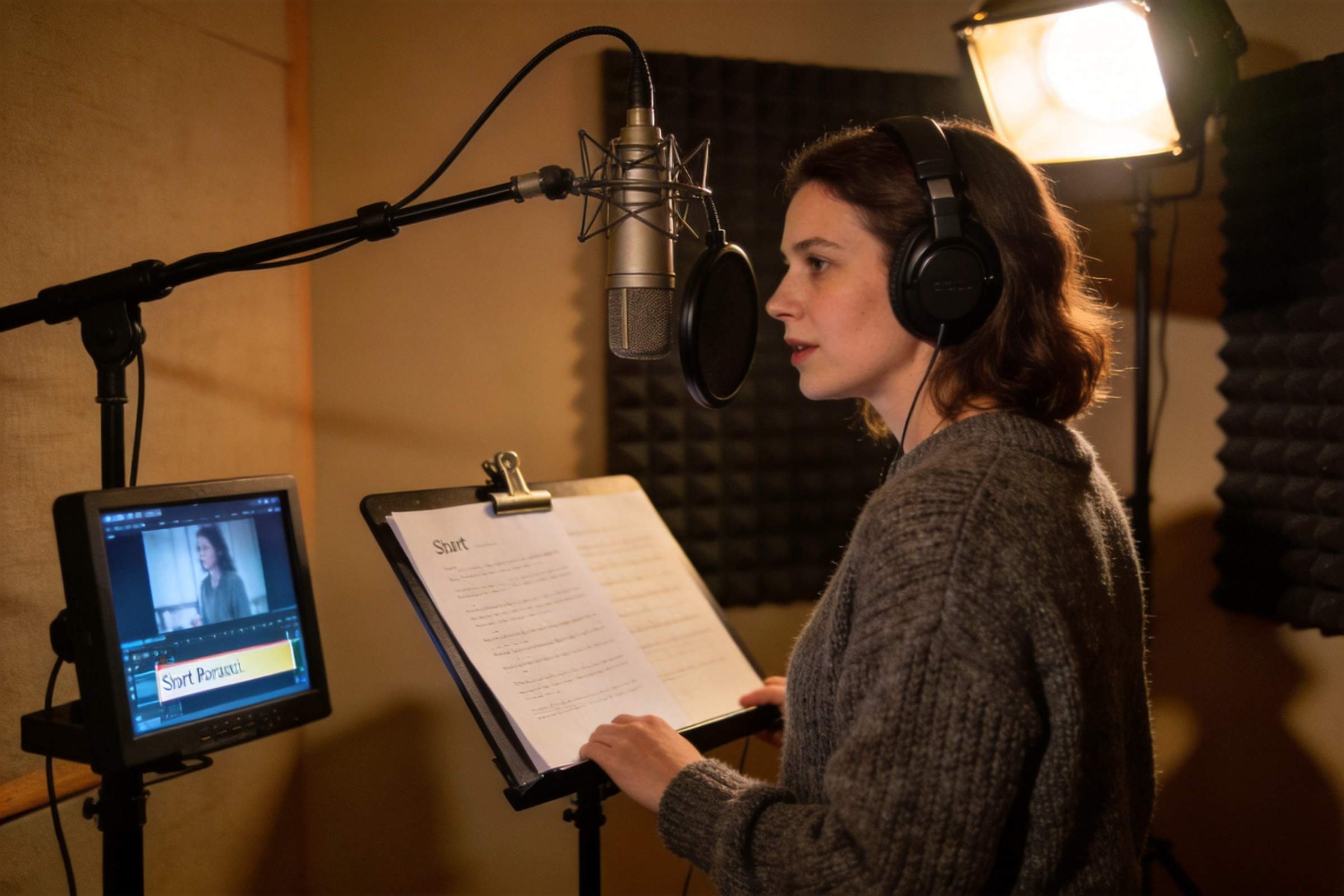 Woman recording voiceover in a studio with microphone, headphones, and script