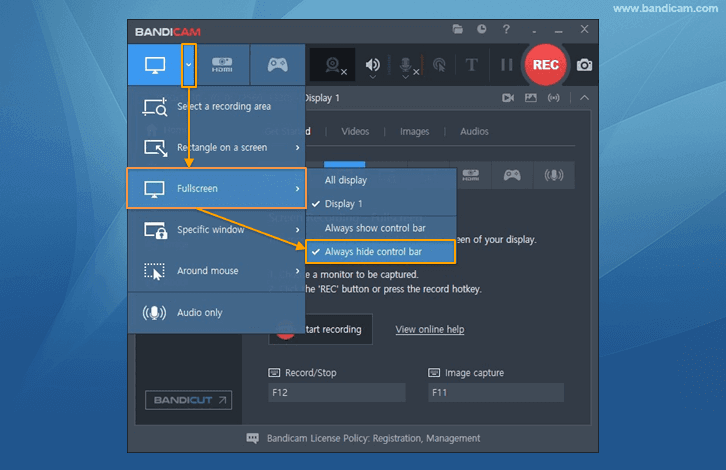 Interface of Bandicam - another free hidden screen recorder