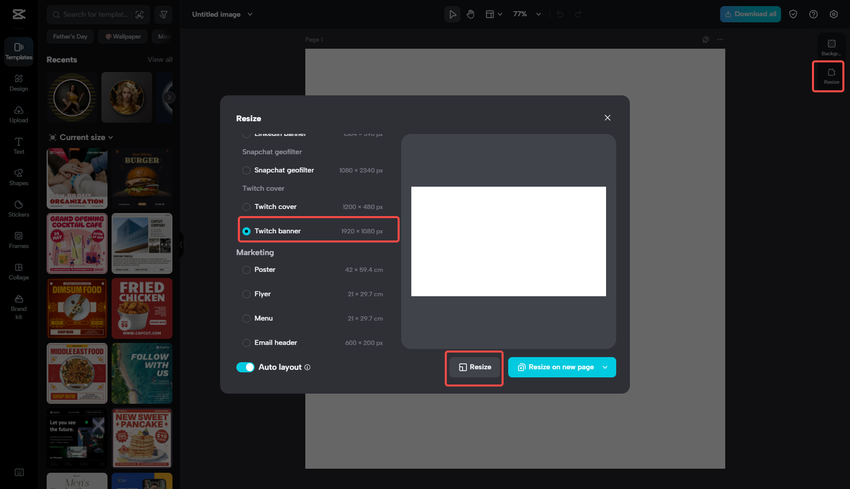 Resize the image size for the Instagram profile