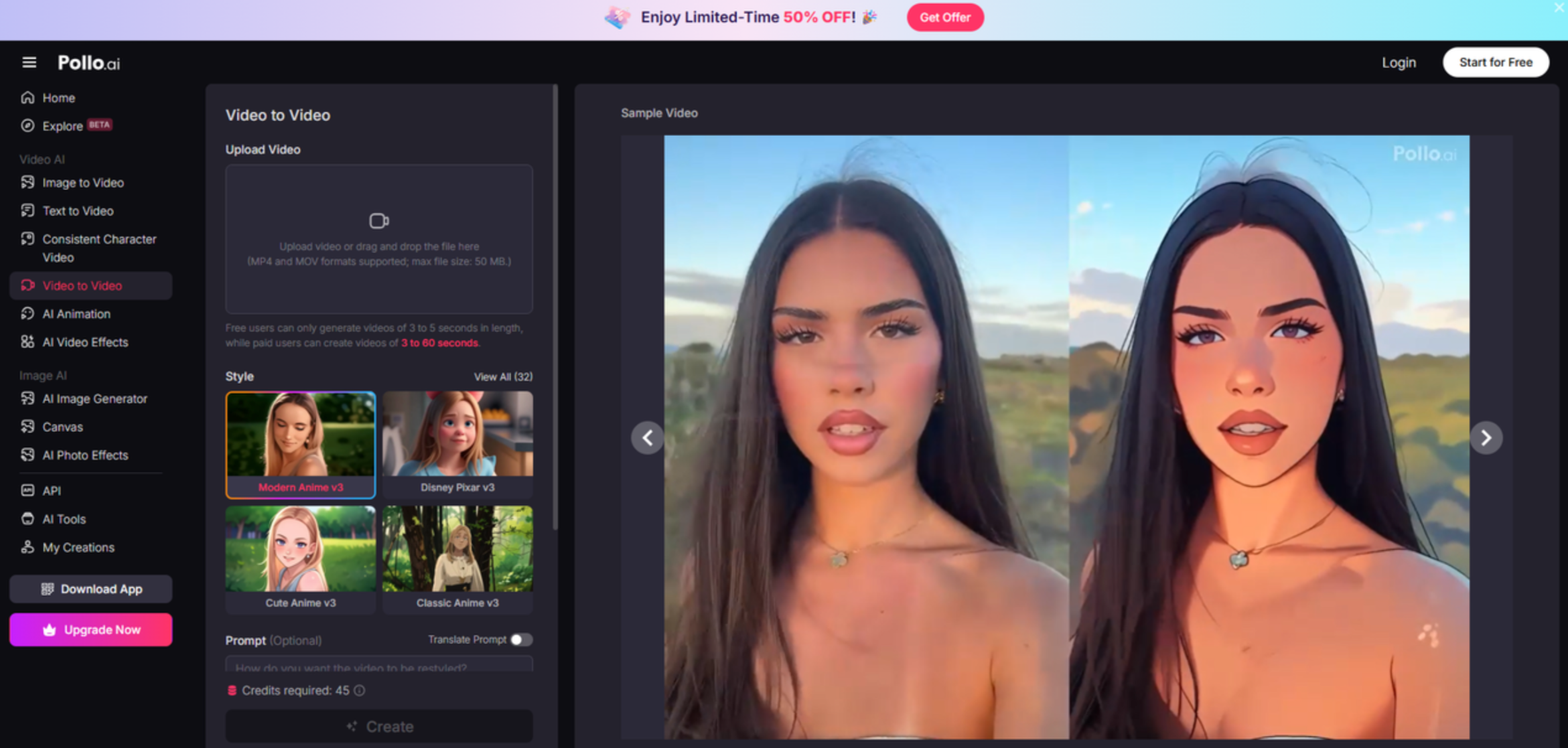 Oberfläche von Pollo AI – das beste Tool für KI-Video-zu-Video-Konvertierung.