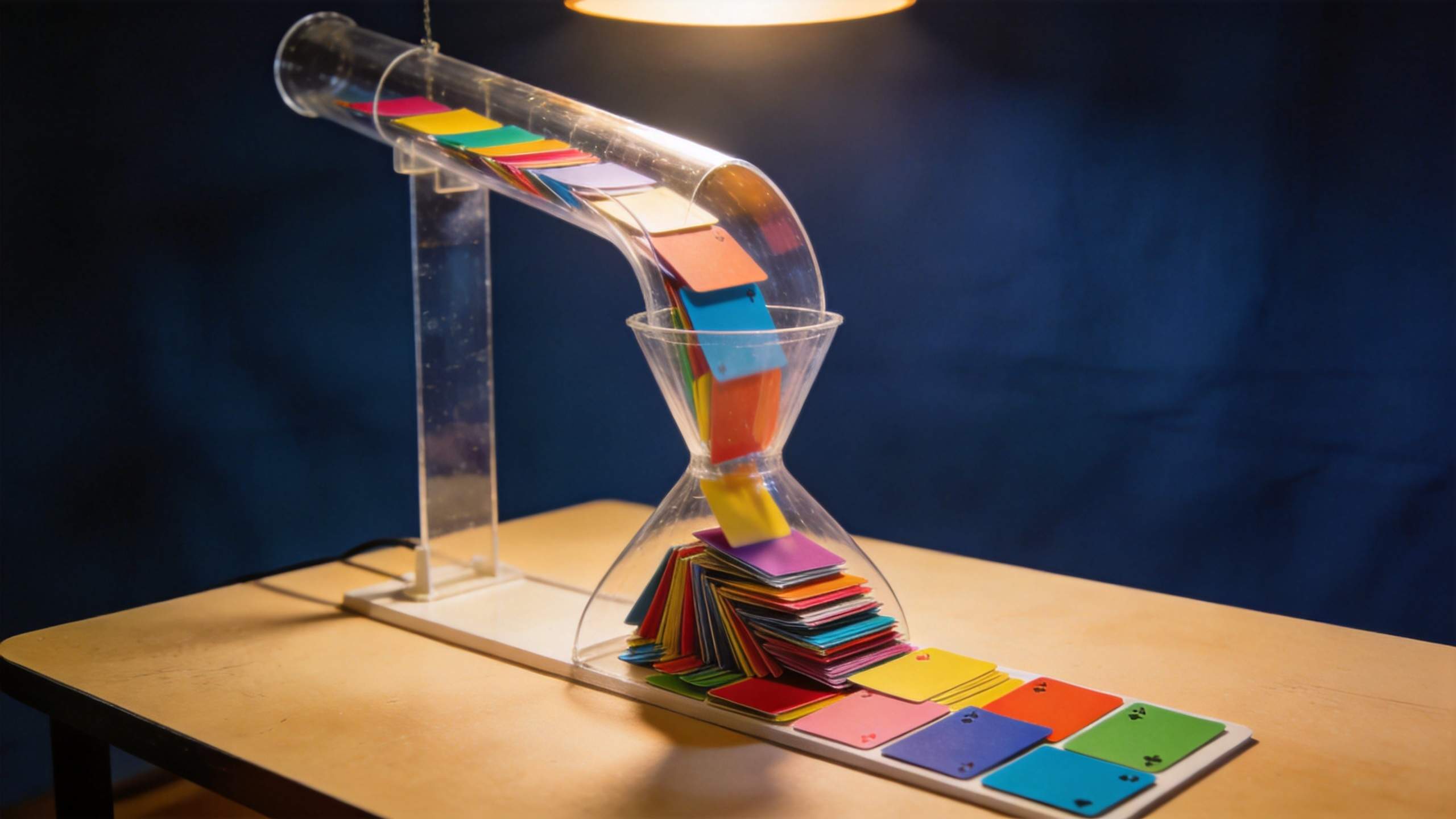 Colorful cards flow through a clear hourglass-like tube onto a table