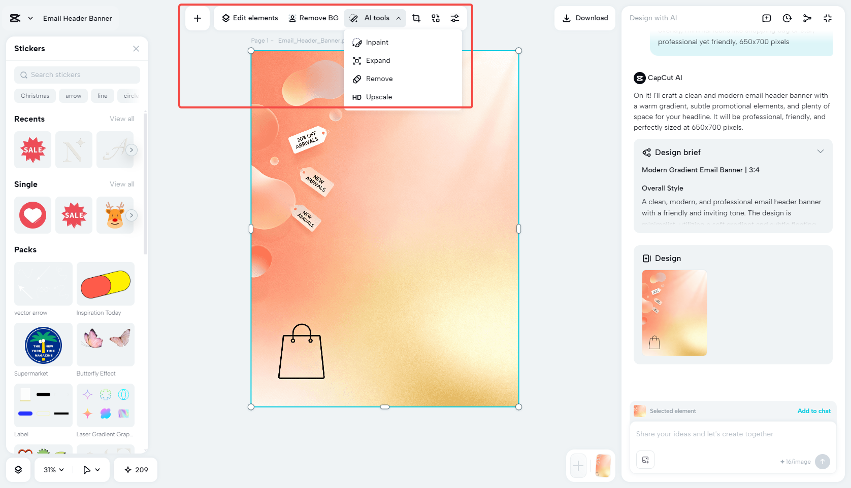 Editing and enhancing the email header in CapCut