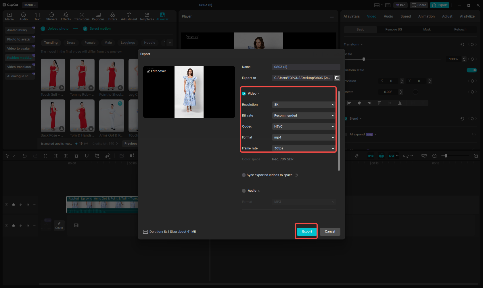Exporting the video in CapCut