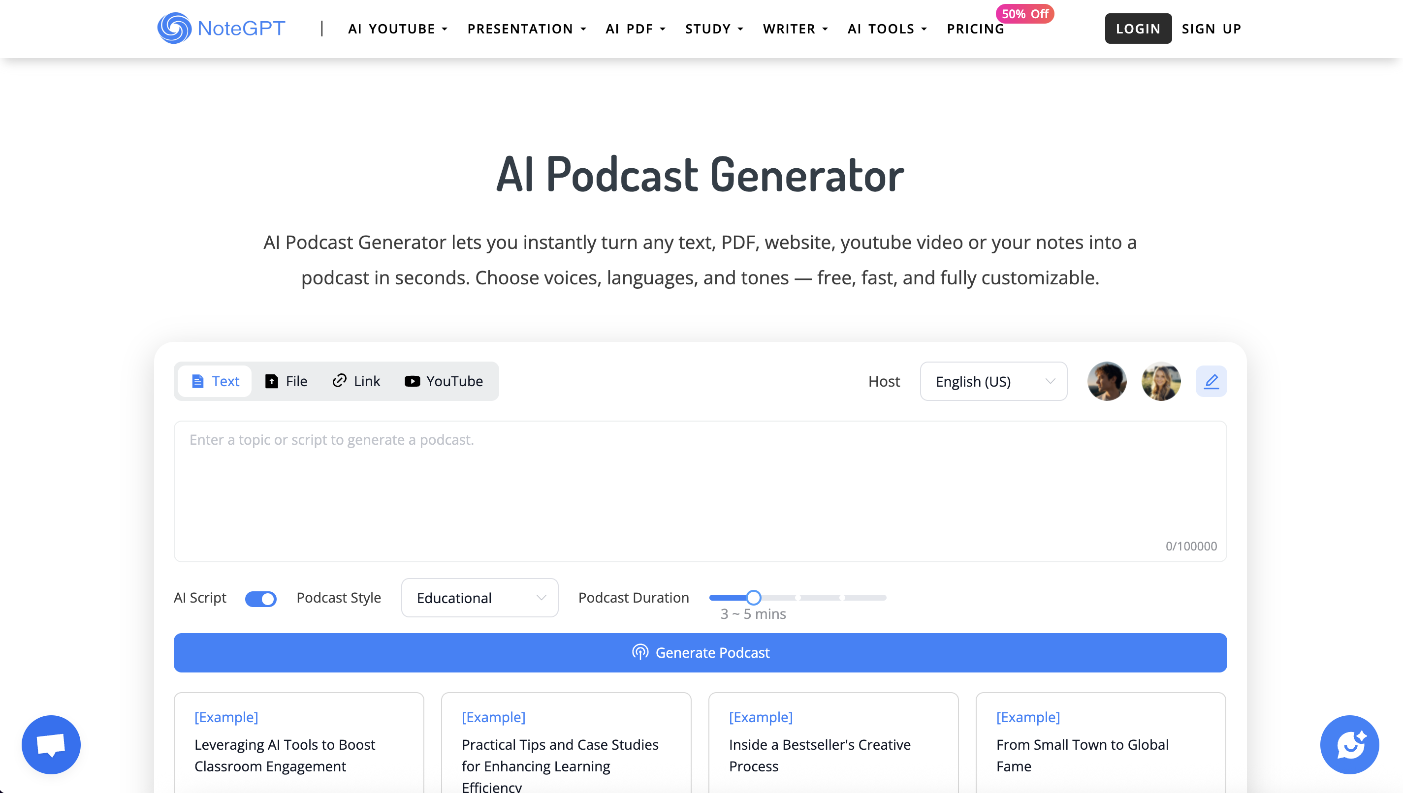 NoteGPT AI podcast creator