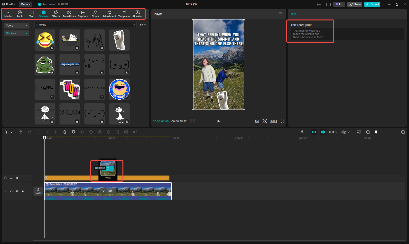 Editing the meme template in CapCut