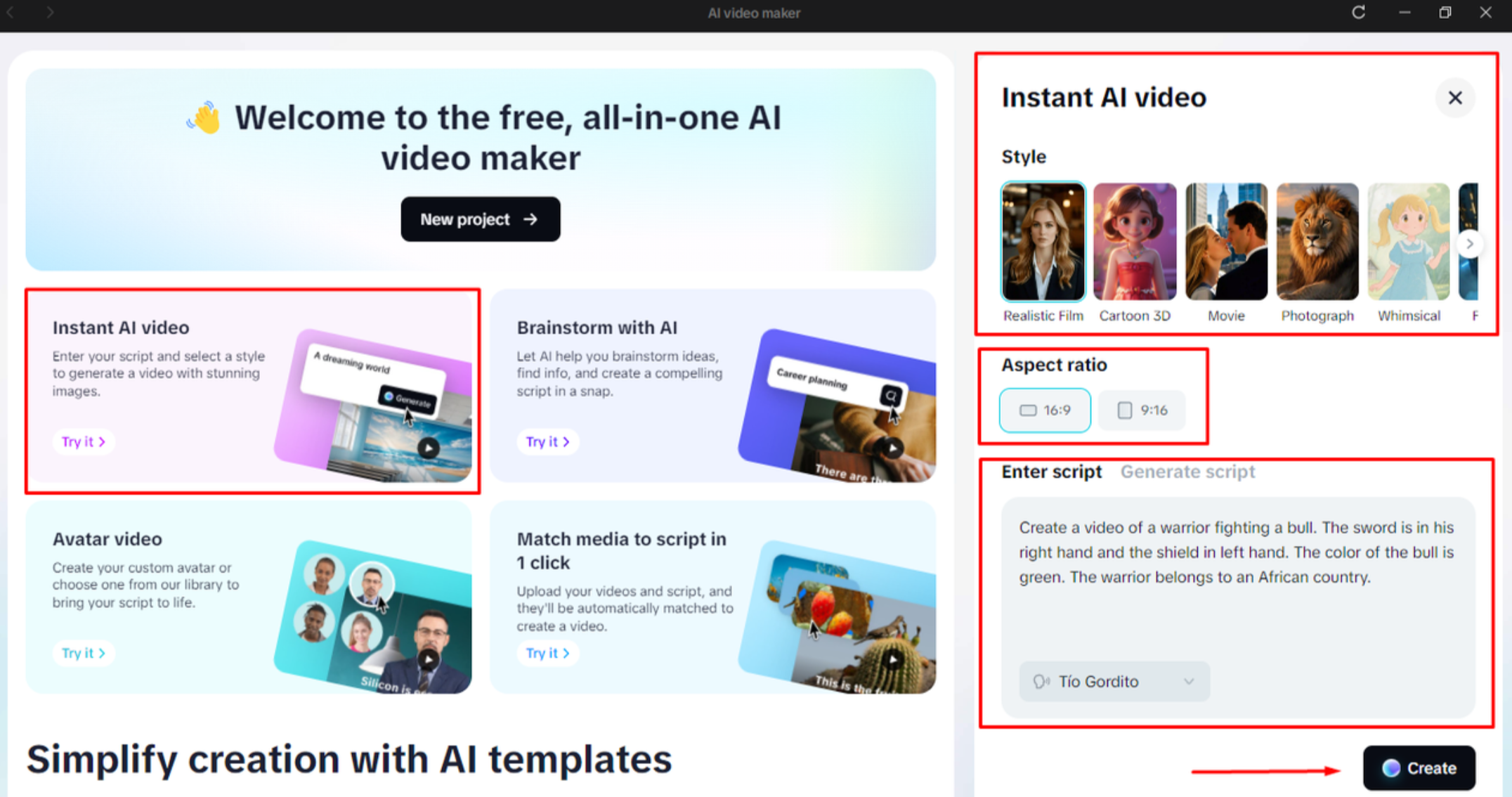 Entering the prompt in CapCut's AI video maker