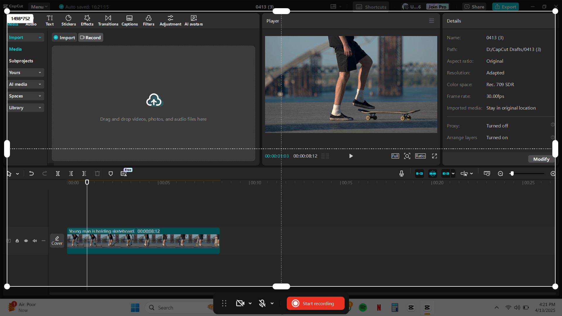 Interface of the CapCut desktop video editor - a free tool to record screen and edit recordings