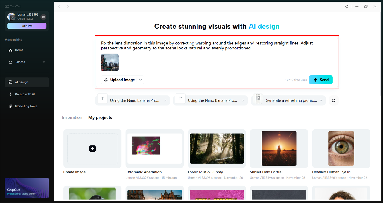 Opening the AI design tool in the CapCut desktop video editor 
