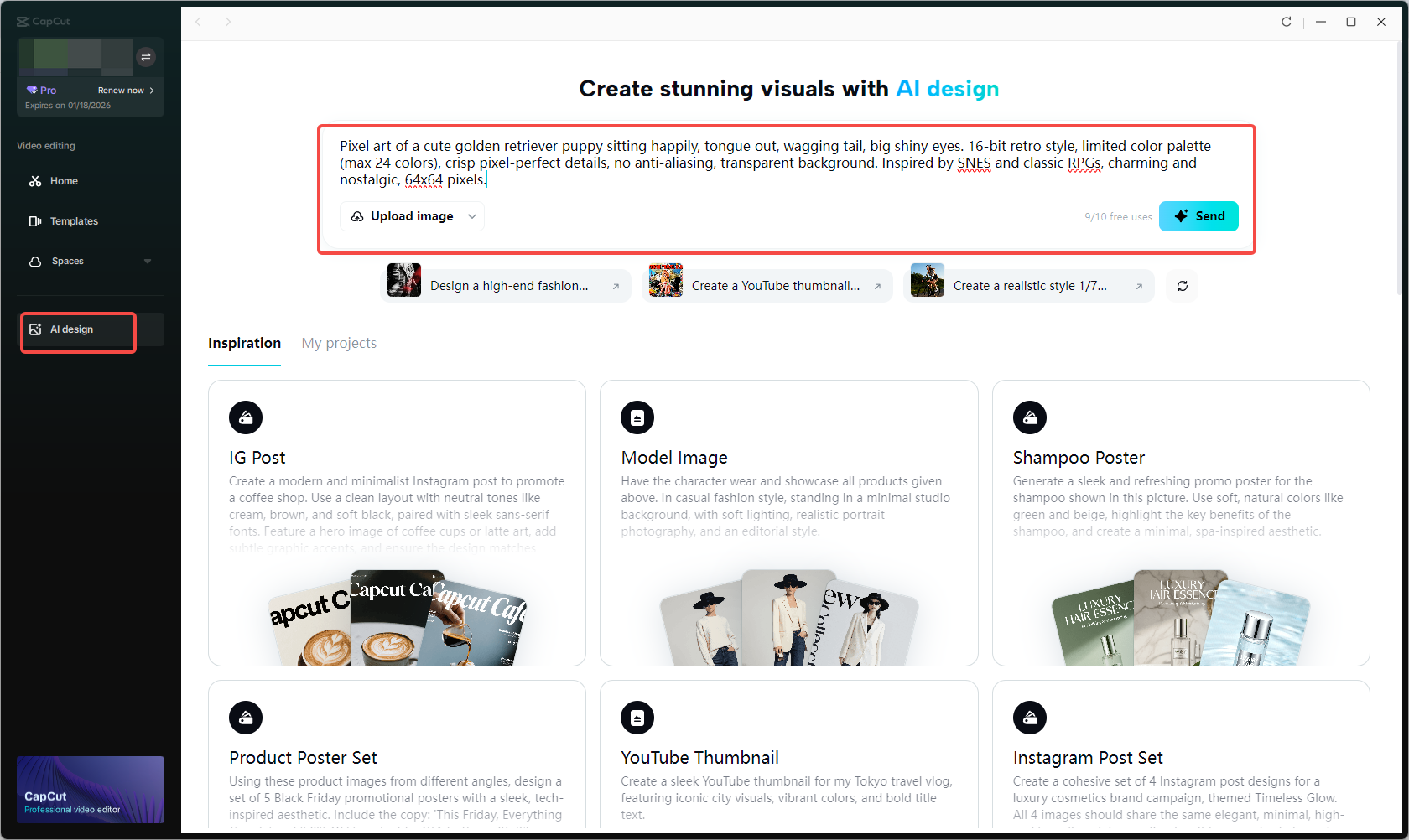 Accessing the AI design feature in CapCut