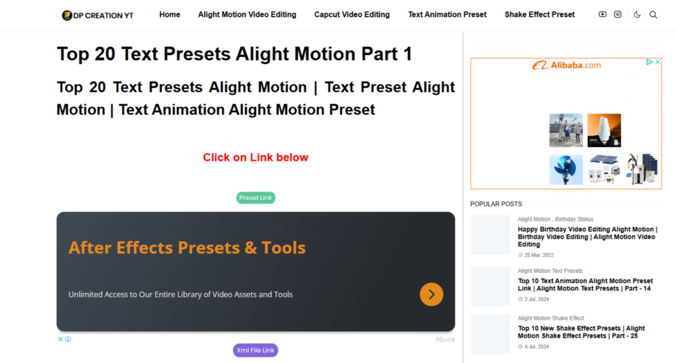 Interface of DP Creation YT - the best site to find free Alight Motion text preset