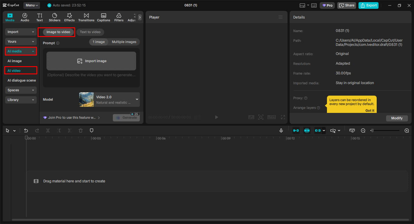 Accessing the AI video in the CapCut desktop video editor