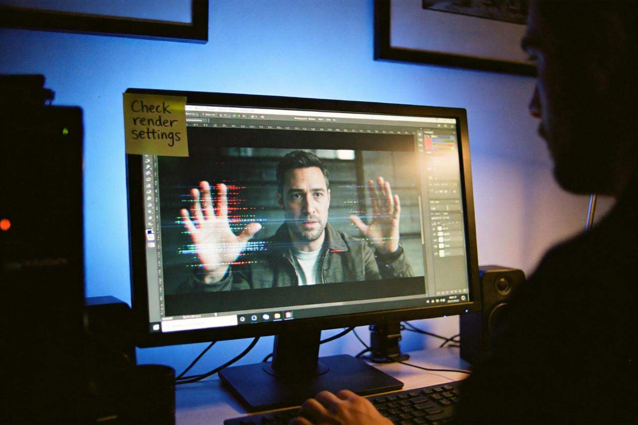 Person editing a video of a man with raised hands on a computer monitor