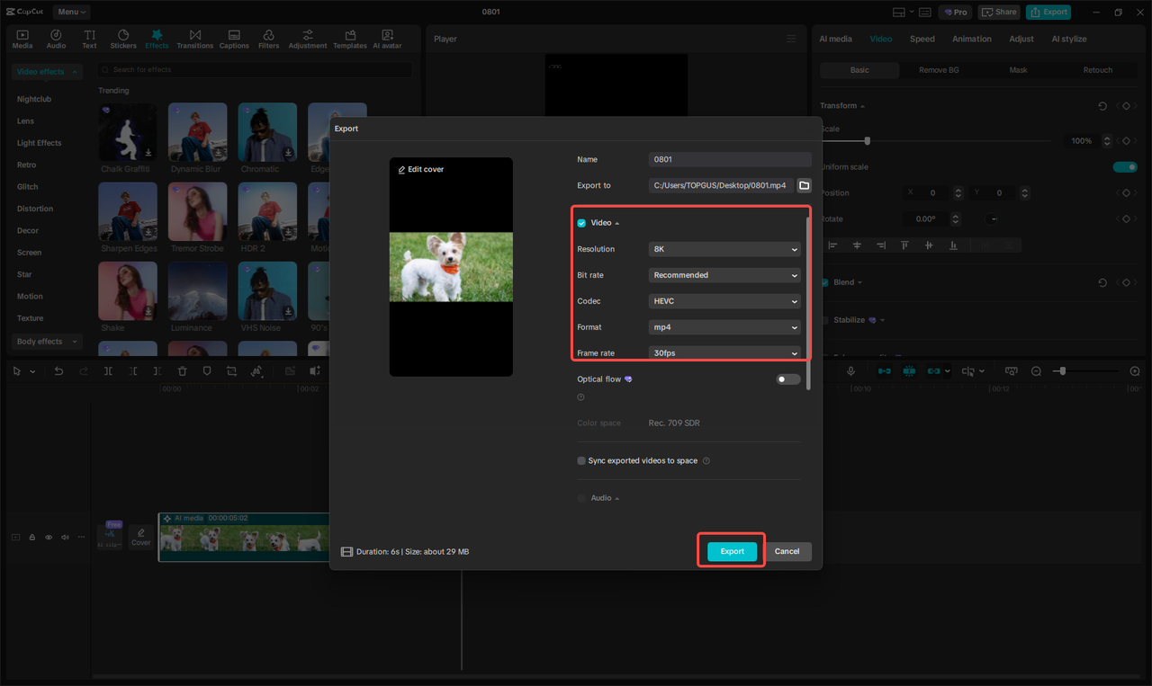 Exporting AI-generated video from the CapCut desktop video editor