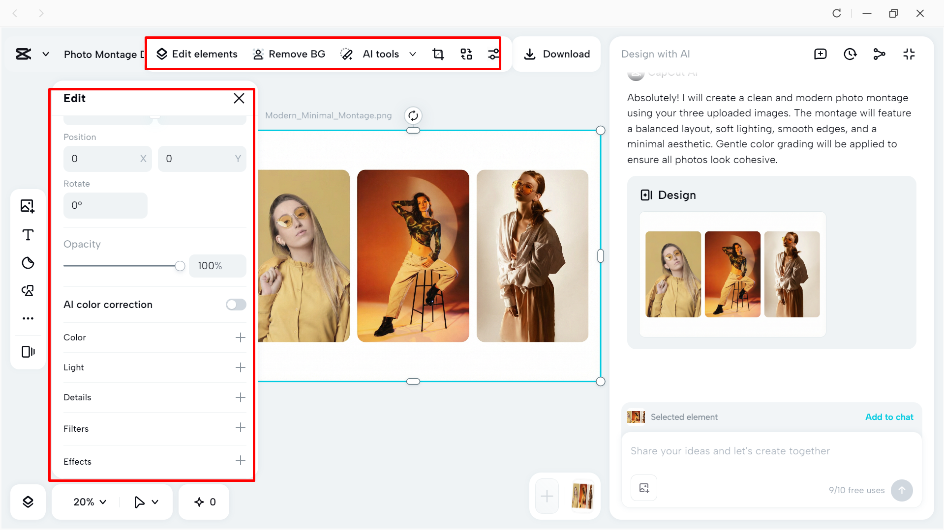 Editing the collage using CapCut's tools
