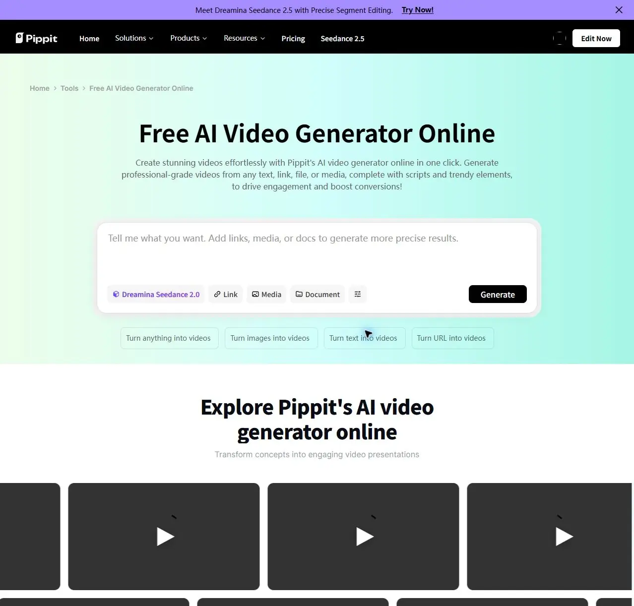 A Pippit mesterséges intelligencián alapuló videókészítő weboldala utasításmezővel, Generálás gombbal és videóelőnézeti csempékkel