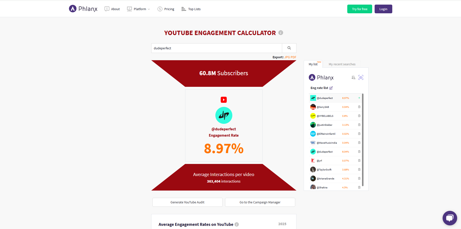 Schnittstelle von Phlax - ein nützliches Tool zur Messung der YouTube Short Engagement Rate