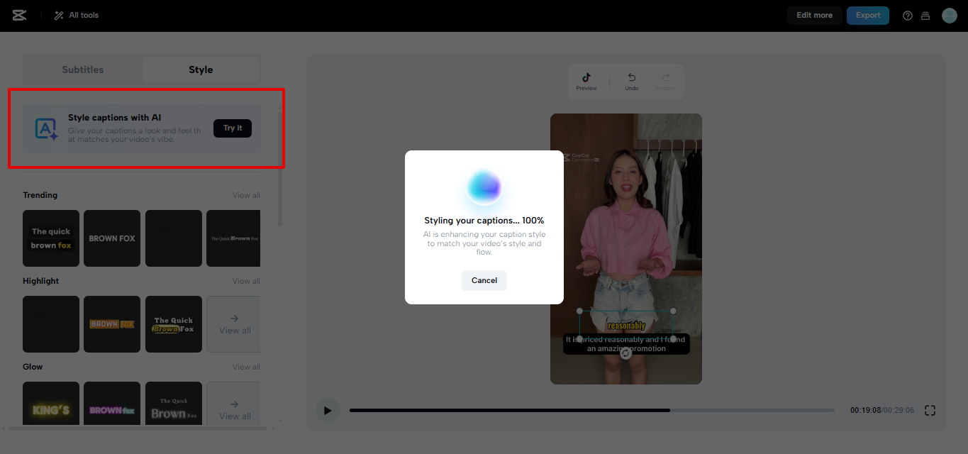 CapCut Web style captions with AI