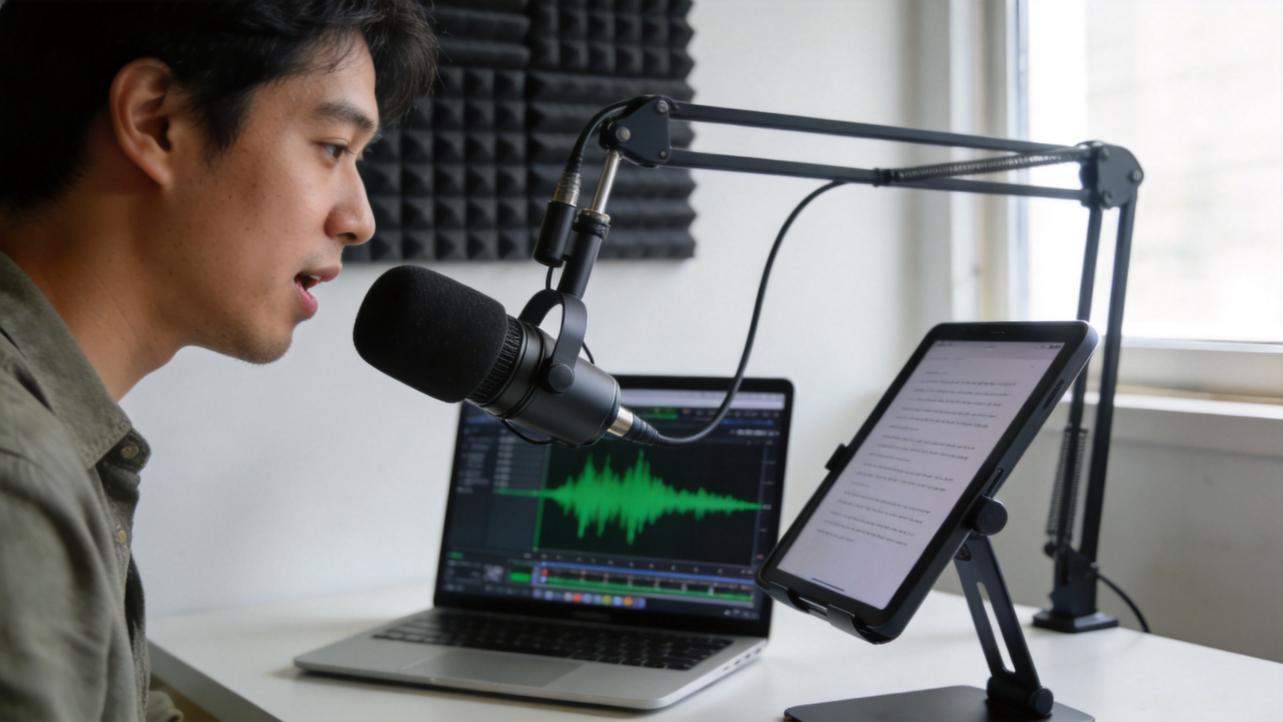 Man recording voiceover into a microphone beside a laptop and tablet with script