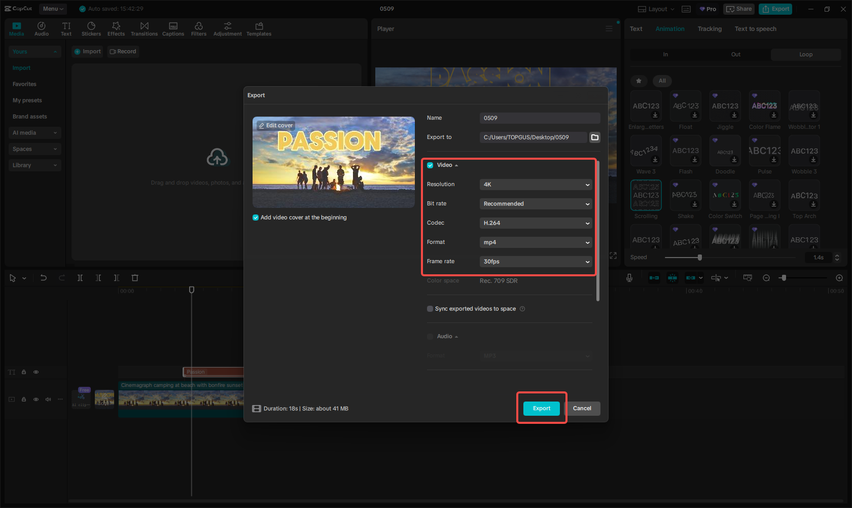 Exporting the video in CapCut
