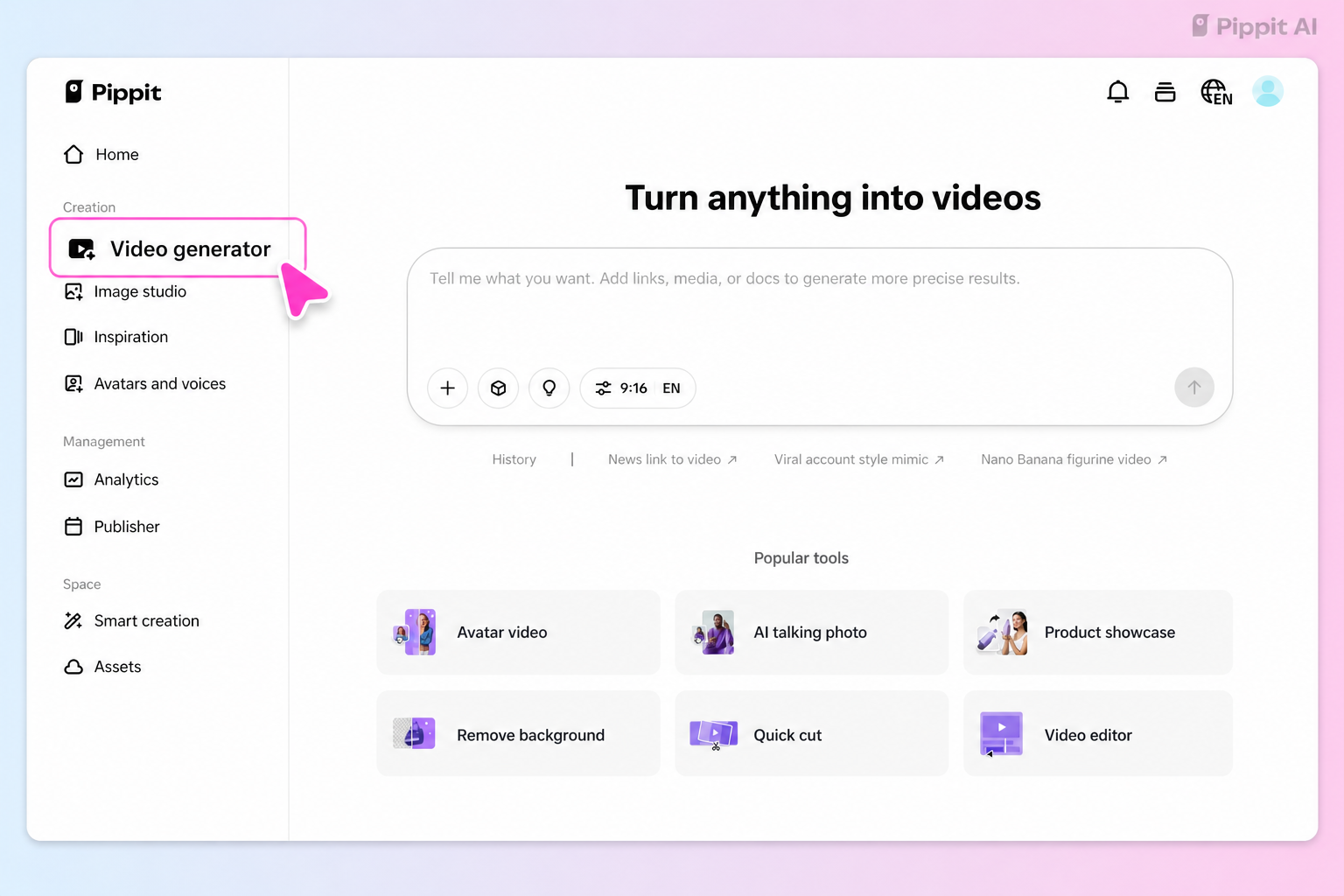 Pippit AI dashboard with Video generator selected in the left sidebar