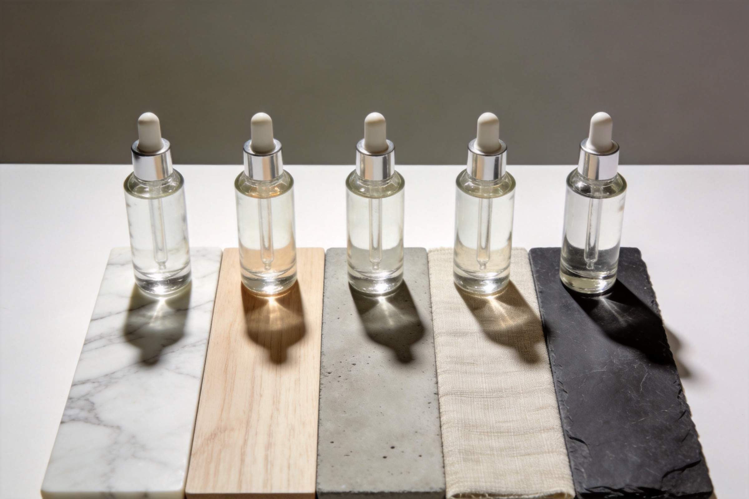 Five dropper bottles on different material slabs, showing varied backgrounds
