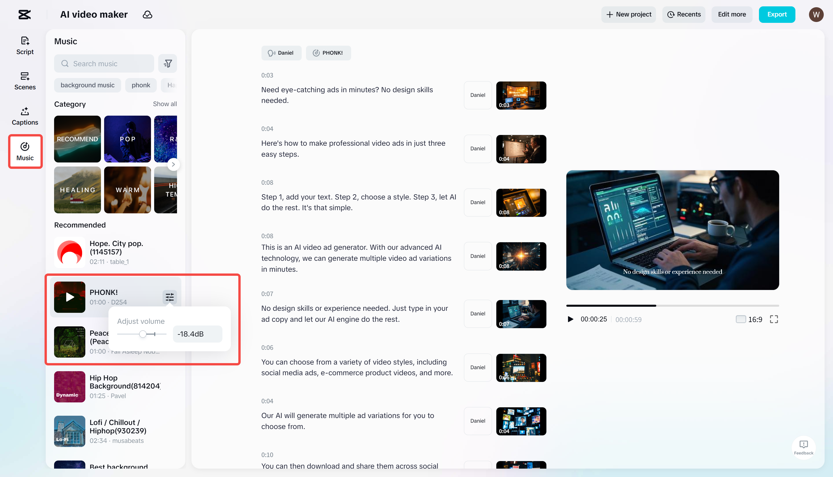Adding background music to a video using CapCut's AI video maker tool