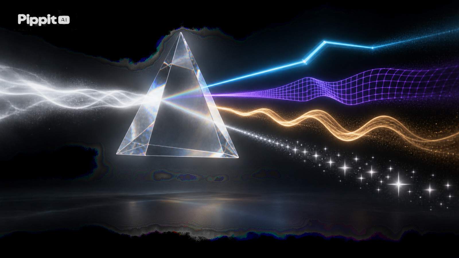 One irregular beam passes through a large transparent prism and separates into four distinct abstract defect patterns.