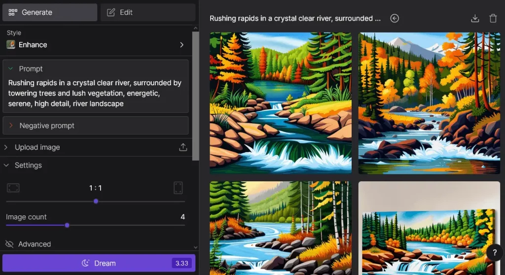 Interface of DreamStudio - a free online text to image generator